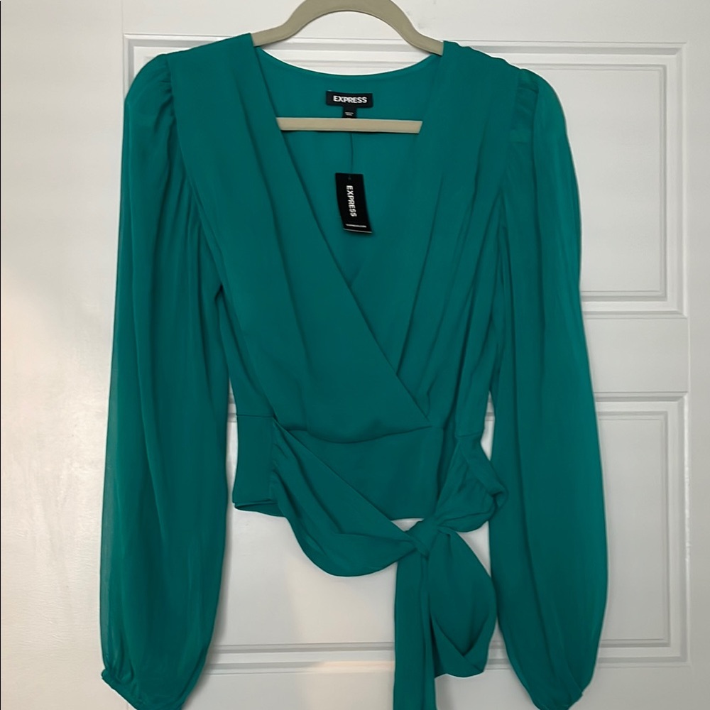 Express Turquoise Long Sleeve Wrap Blouse